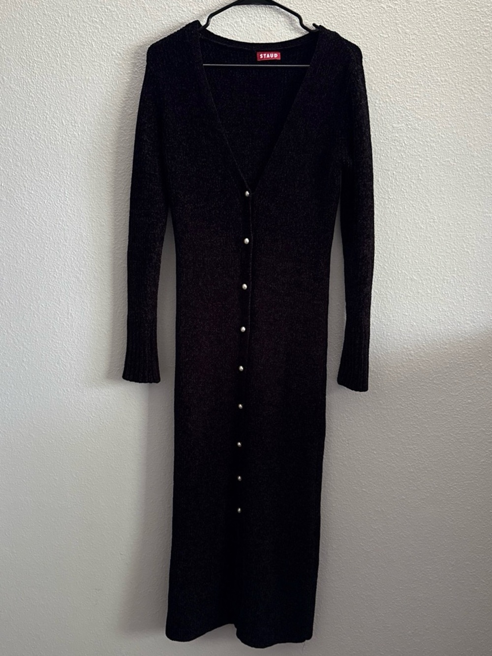 STAUD Black Ribbed Knit Maxi Dress Pearl Button Front Deep V-Neck Long Sleeve